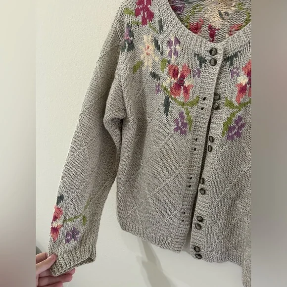 Vintage L.L. Bean Floral Knit Women's Sweater Tan/pink Button Up Cotton Ramie S - Picture 8 of 11